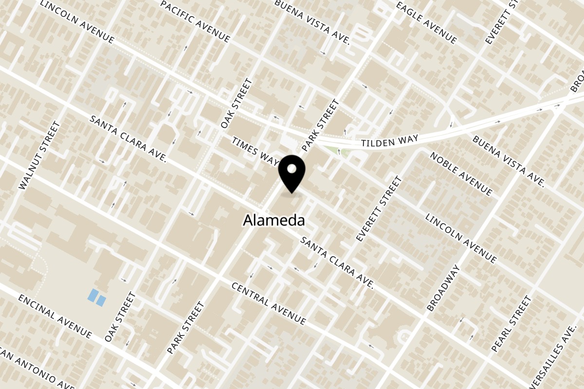 Map showing the location of Hayashi Japanese Cuisine on 1518 Park St in Alameda
